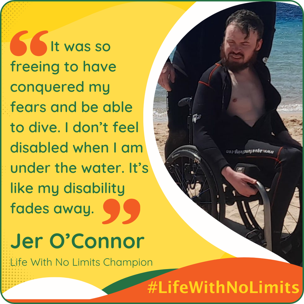 Graphic with text and a photo of a man in a wet suit using a wheelchair. Text says "It was so freeing to have conquered my fears and be able to dive. I don’t feel disabled when I am under the water. It’s like my disability fades away."